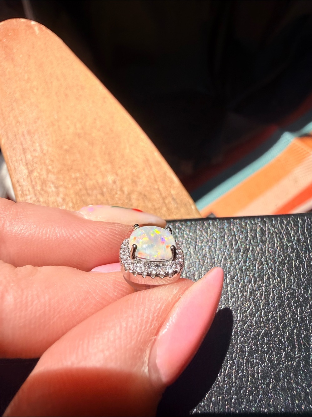 Opal Halo Stud Earrings in White Opal and Silver-Tone - Picture 4 of 5